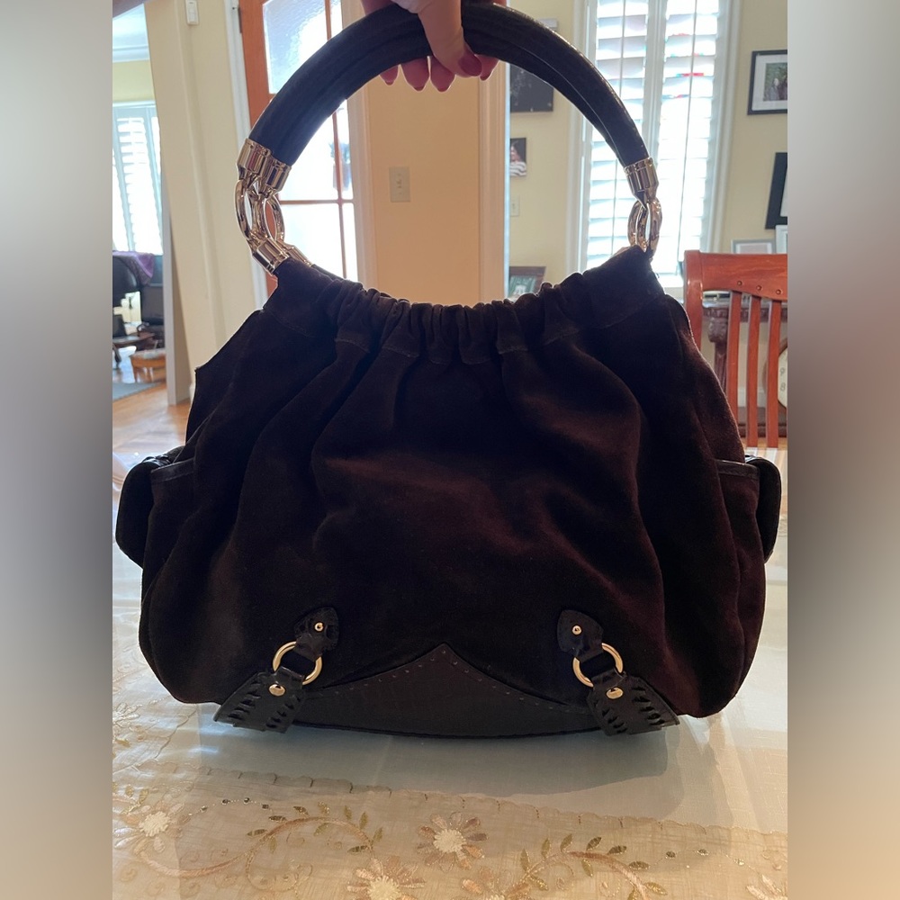 Coke Haan dark brown suede leather slouch shoulder bag with side pocket details